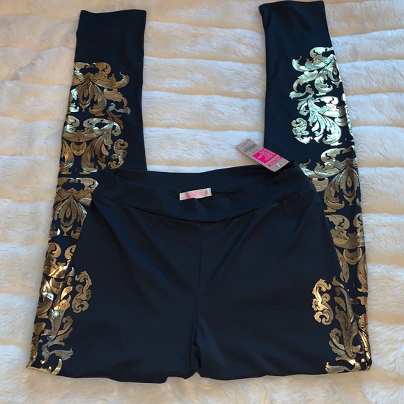 Y2k gold metallic foil filigree black leggings skinny pants M - Picture 1 of 13